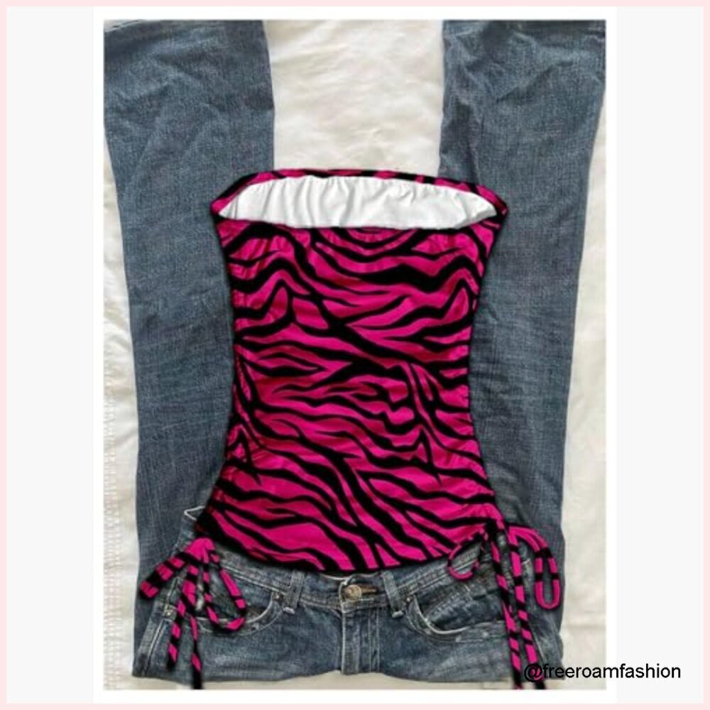 Strapless Tube Top Y2K Grunge Zebra Print Stretchy Fabric Going Out Top - Picture 2 of 5